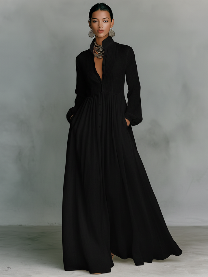 Womens Maxi Dress with Stand‑up Collar and Patchwork Details