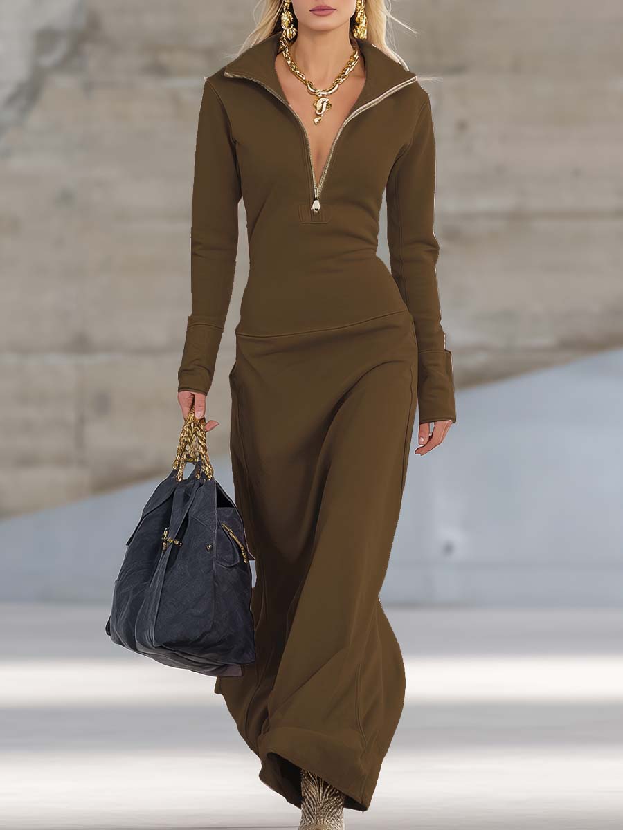 Women’s Maxi Dress with V-Neck and Front Zipper Closure