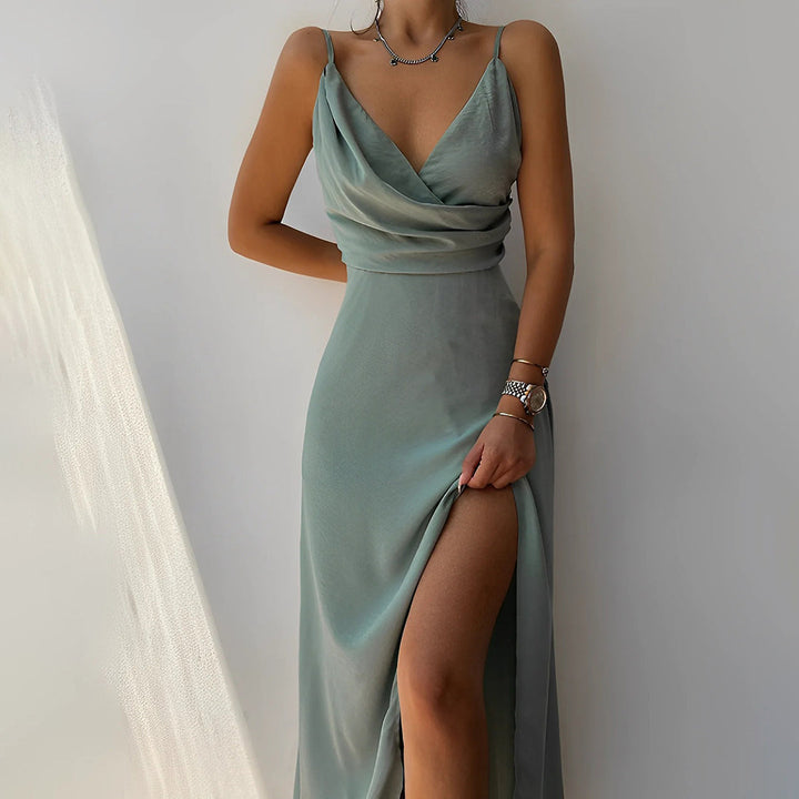 Women’s Maxi Evening Dress with Crossover Neckline and Side Slit