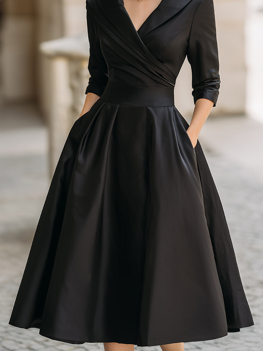 Womens Midi Dress with Draped Collar and Side Pockets