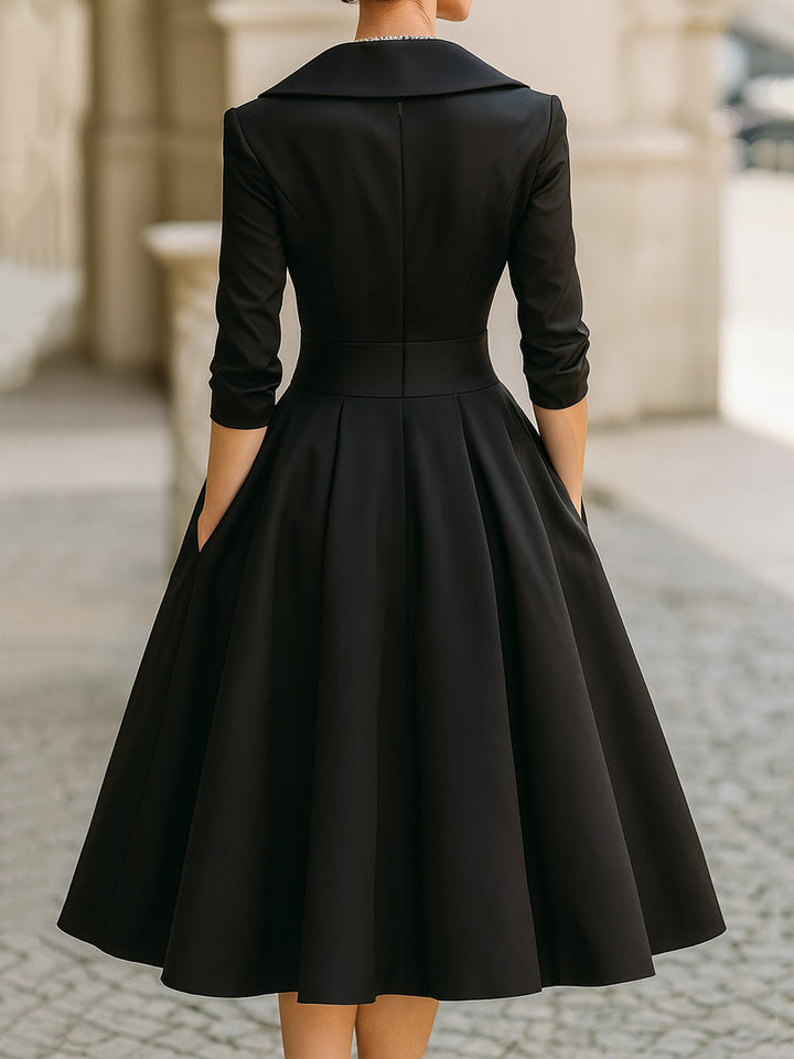 Womens Midi Dress with Draped Collar and Side Pockets
