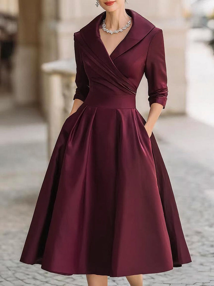 Womens Midi Dress with Draped Collar and Side Pockets