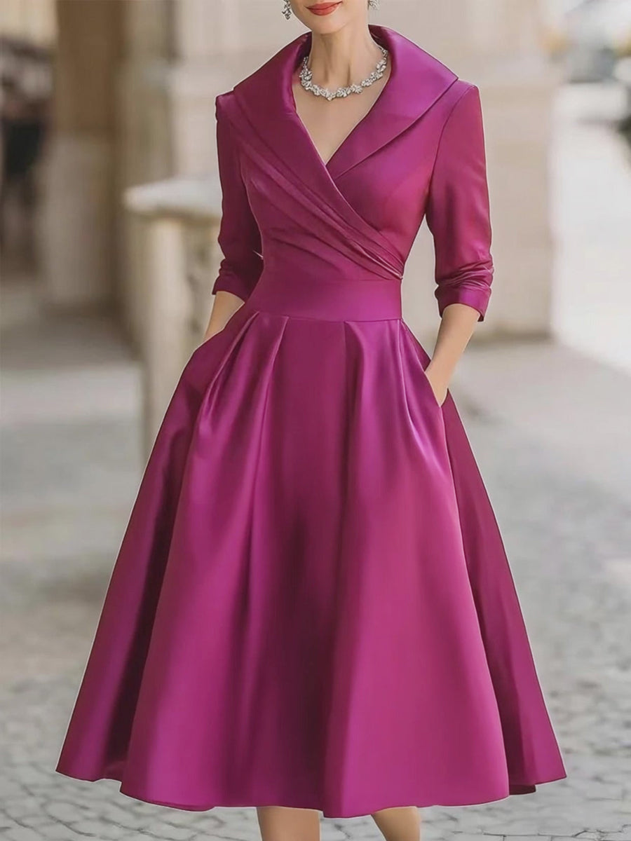 Womens Midi Dress with Draped Collar and Side Pockets