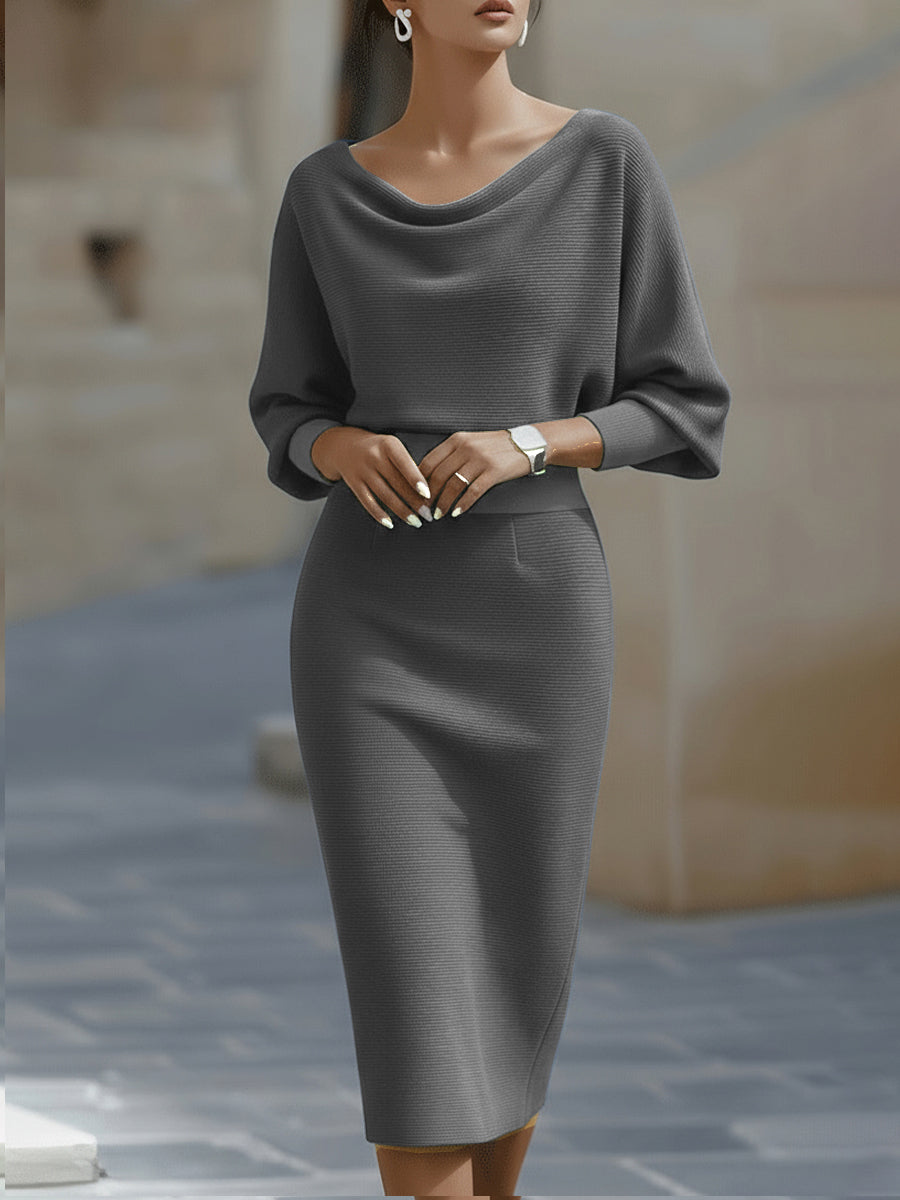Women’s Midi Dress with Draped Cowl Neckline and Batwing Sleeves