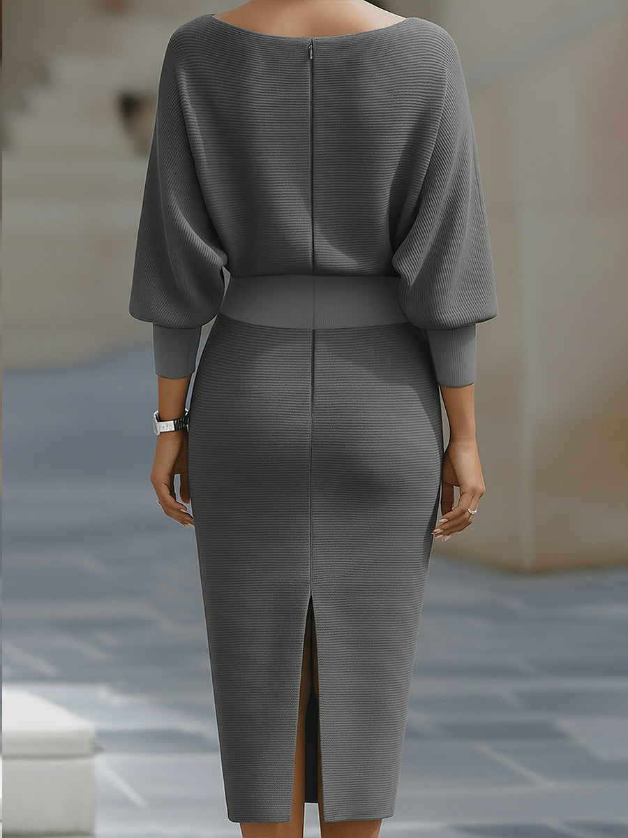 Women’s Midi Dress with Draped Cowl Neckline and Batwing Sleeves