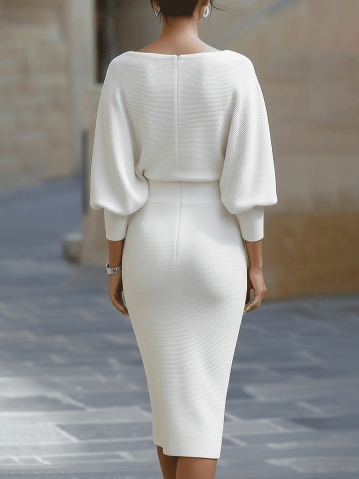 Women’s Midi Dress with Draped Cowl Neckline and Batwing Sleeves