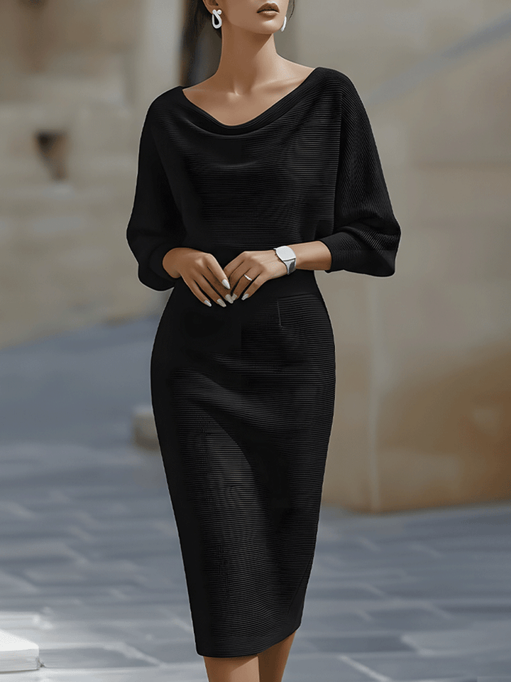 Women’s Midi Dress with Draped Cowl Neckline and Batwing Sleeves
