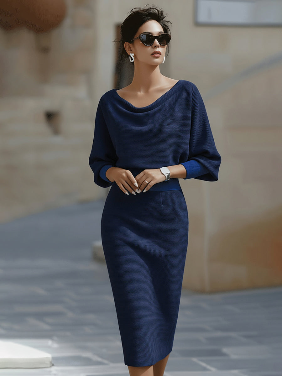 Women’s Midi Dress with Draped Cowl Neckline and Batwing Sleeves