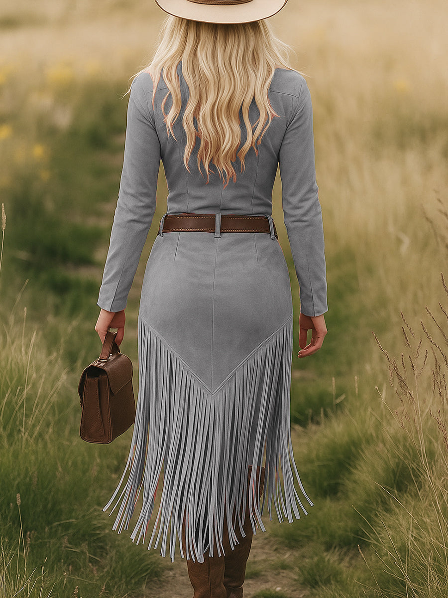 Women’s Midi Dress with Lapel Collar and Zipper Closure