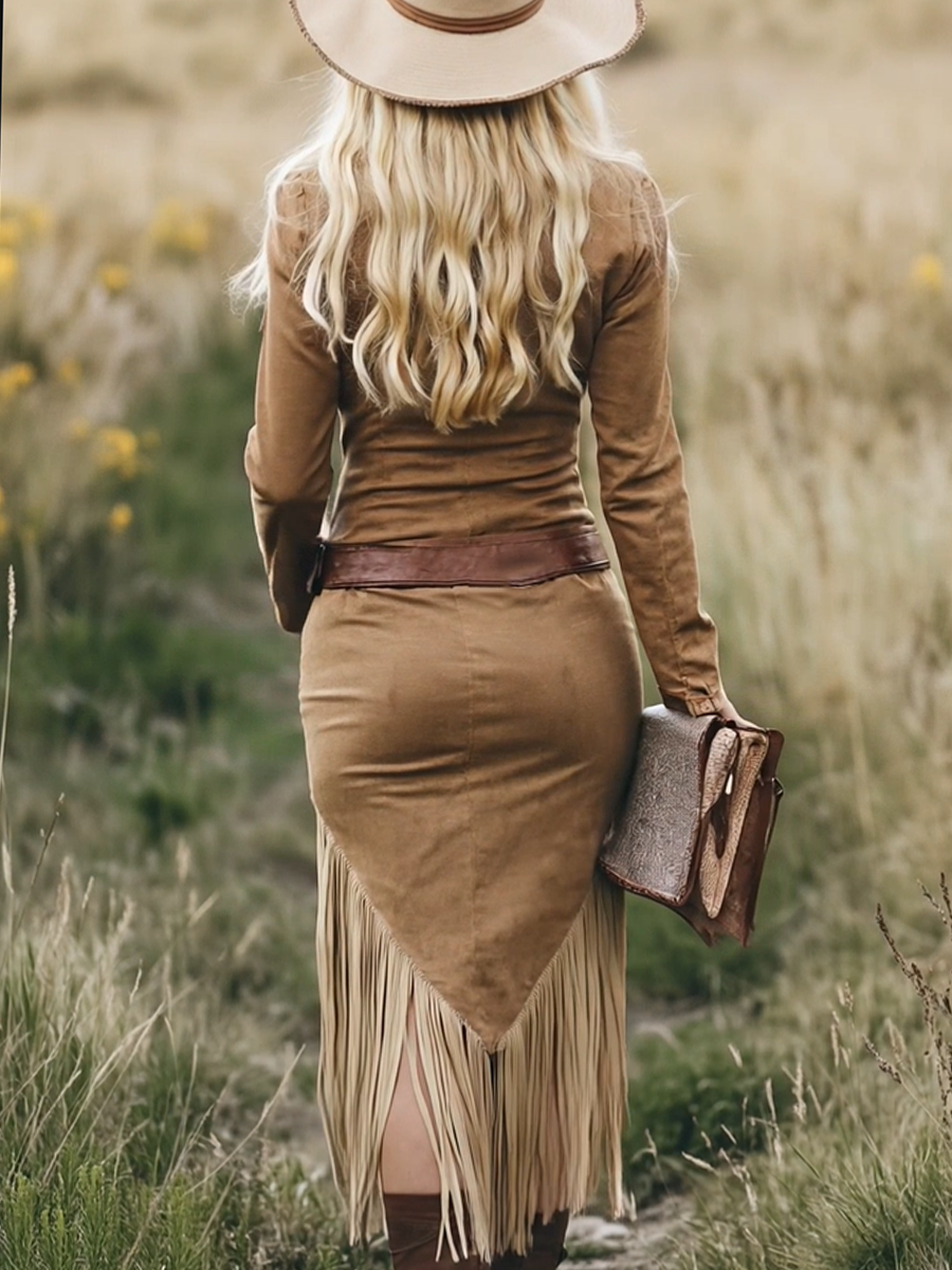 Women’s Midi Dress with Lapel Collar and Zipper Closure