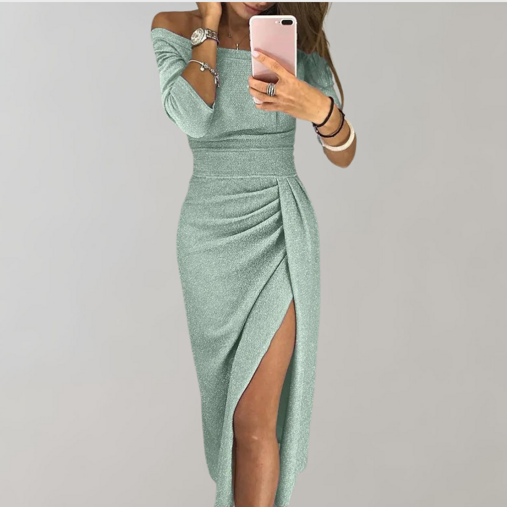 Women’s Midi Dress with Off-the-Shoulder Design and Side Slit