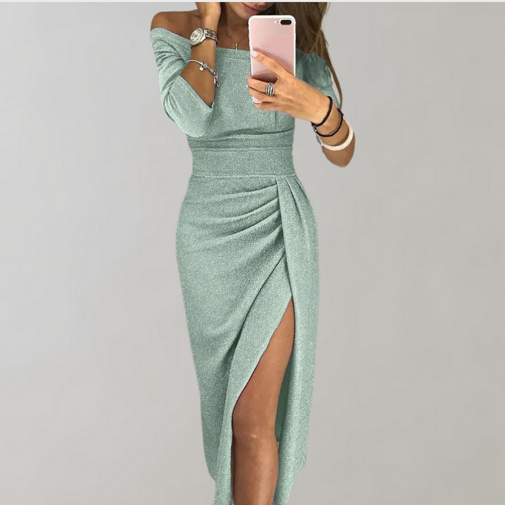 Women’s Midi Dress with Off-the-Shoulder Design and Side Slit