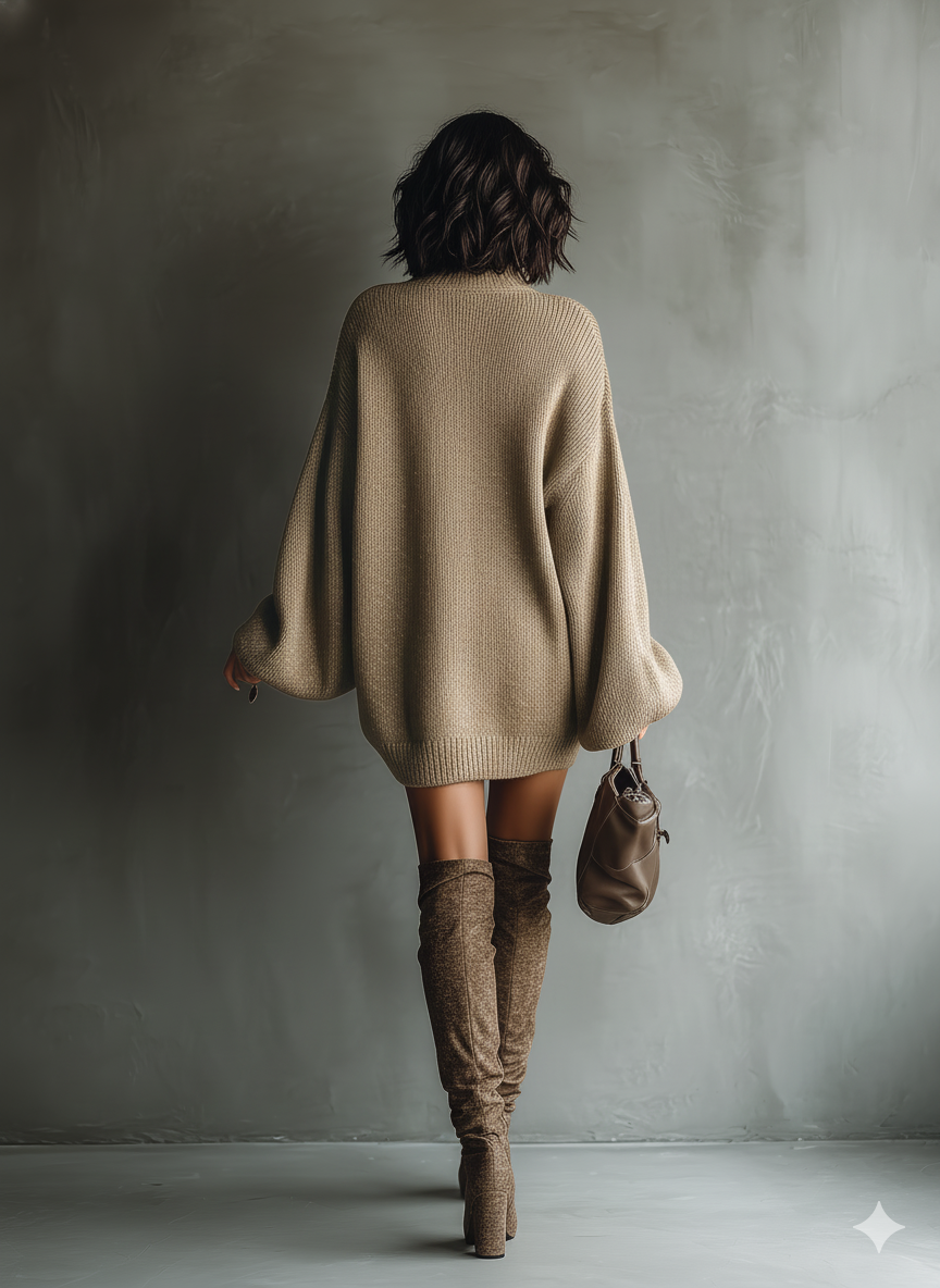Womens Mini Dress with Crew Neckline and Long Sleeves
