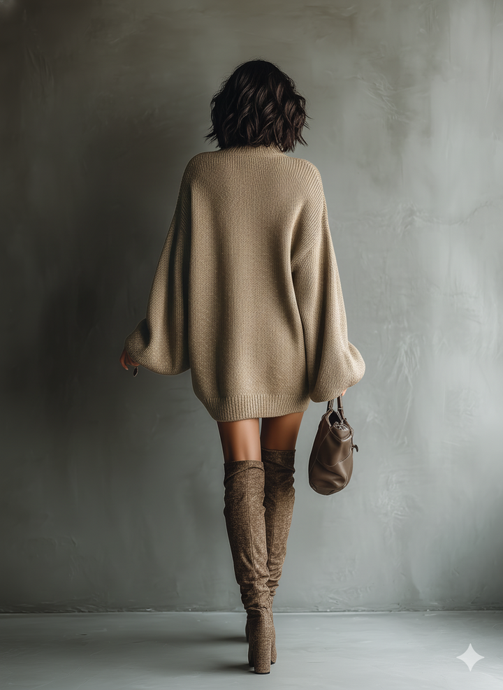 Womens Mini Dress with Crew Neckline and Long Sleeves