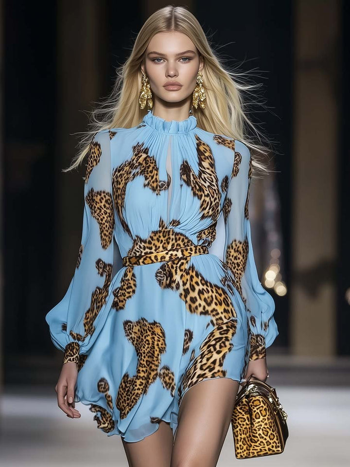 Women’s Mini Dress with Ruffle Neckline and Puff Sleeves