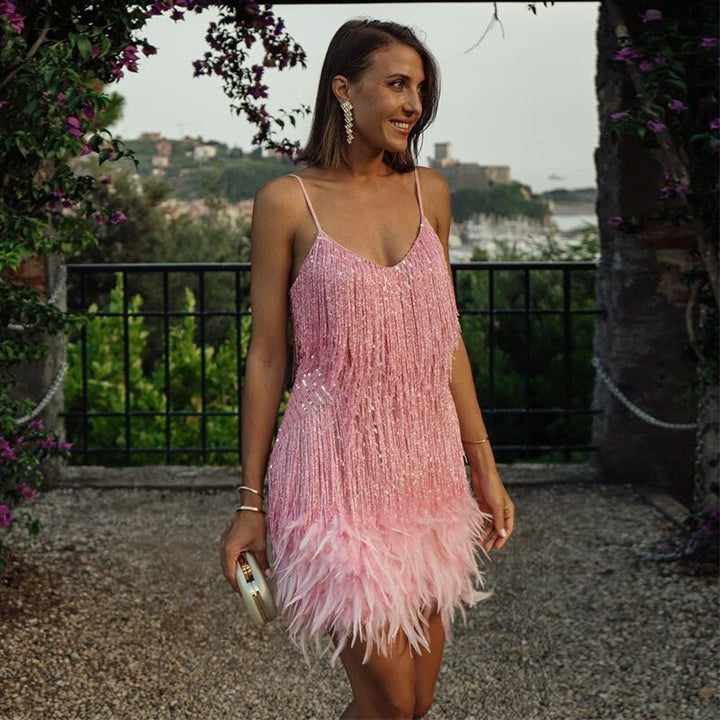 Womens Mini Dress with Sequin Detail and Feather Hem