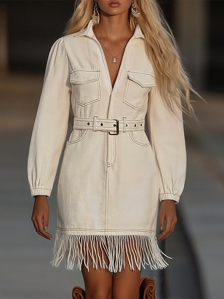 Women’s Mini Dress with Tassel Splicing and Relaxed Fit