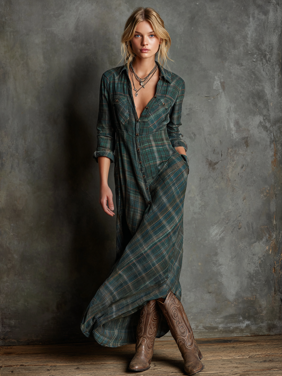 Womens Plaid Maxi Dress with Lapel Collar and Button Closure