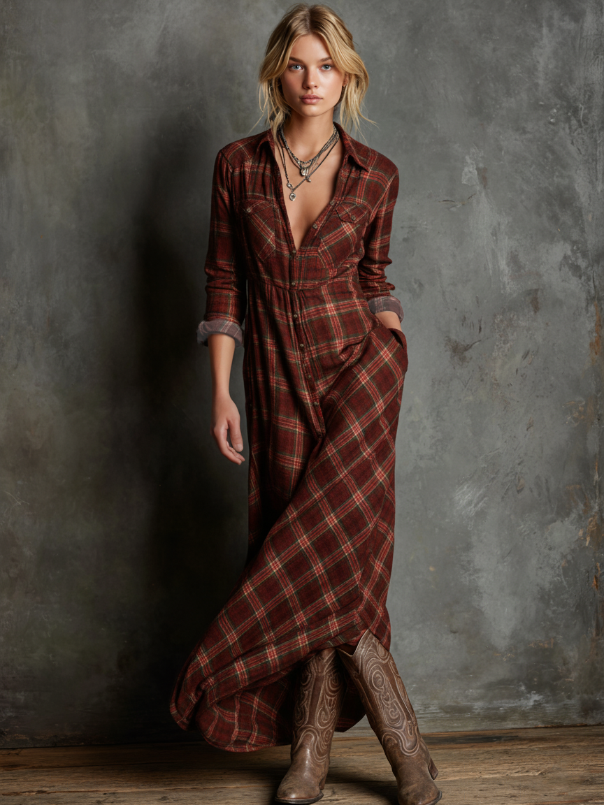 Womens Plaid Maxi Dress with Lapel Collar and Button Closure