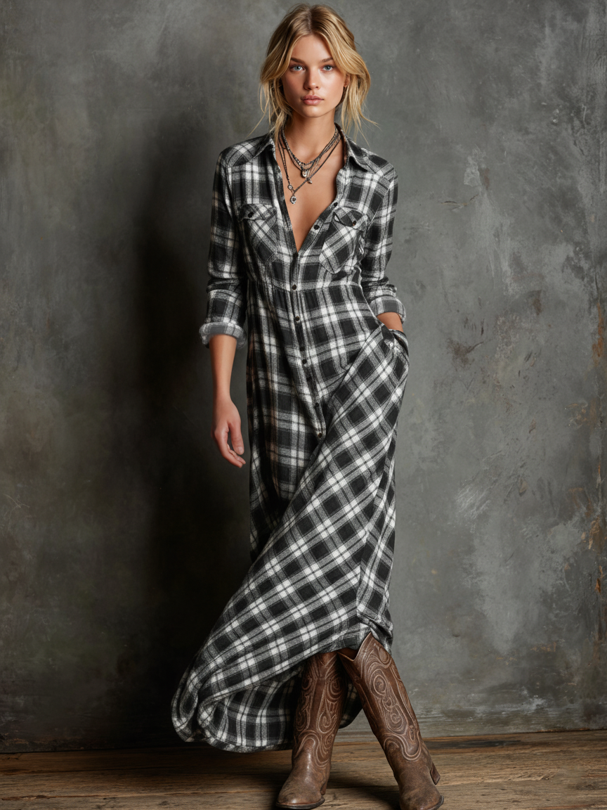 Womens Plaid Maxi Dress with Lapel Collar and Button Closure