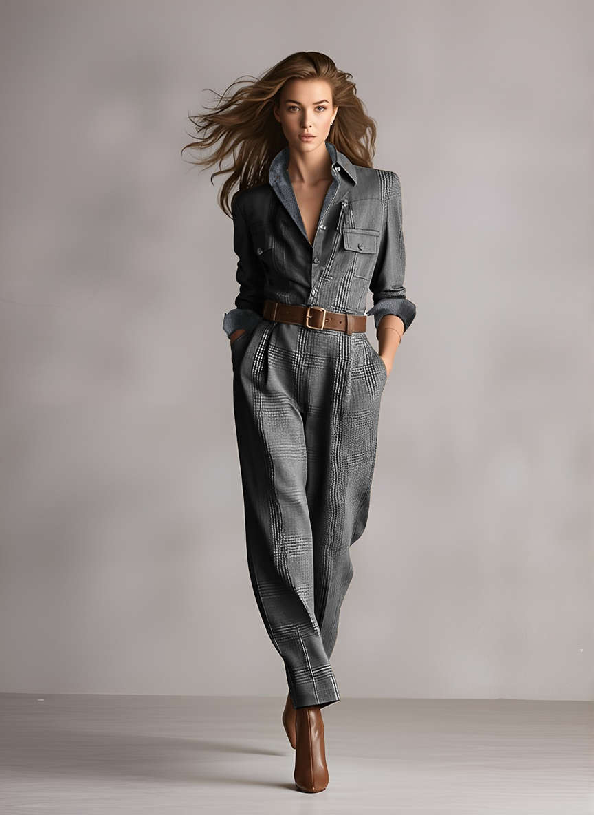 Women’s Plaid Utility Jumpsuit with Tweed Texture and Collared V-Neck