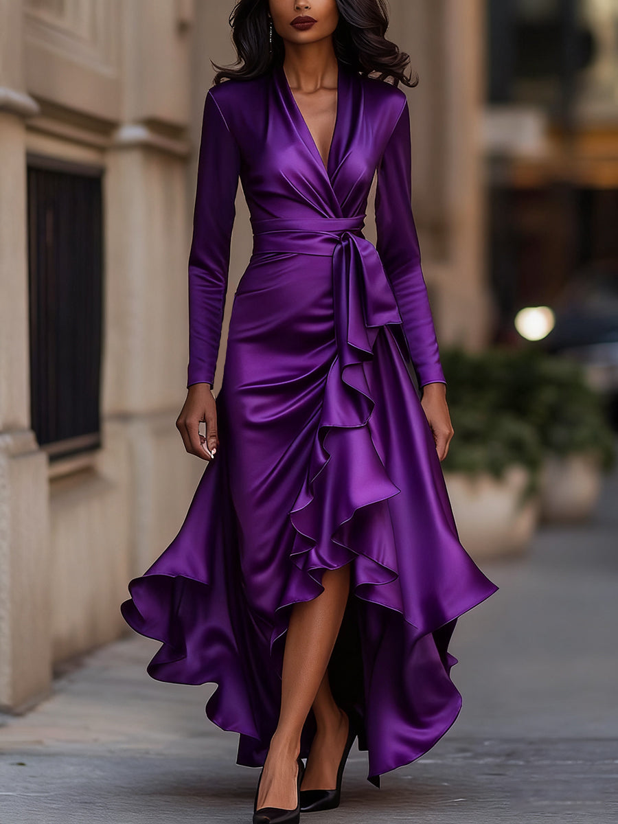 Women’s Satin Maxi Dress with V-Neckline and Ruffled Hem