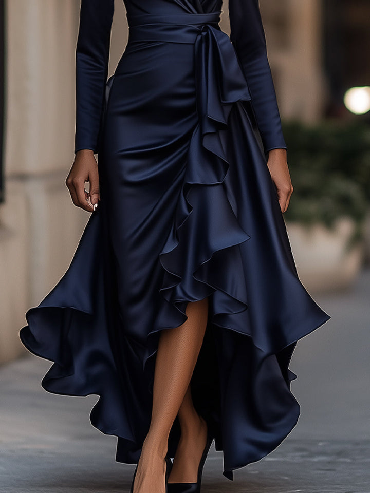 Women’s Satin Maxi Dress with V-Neckline and Ruffled Hem