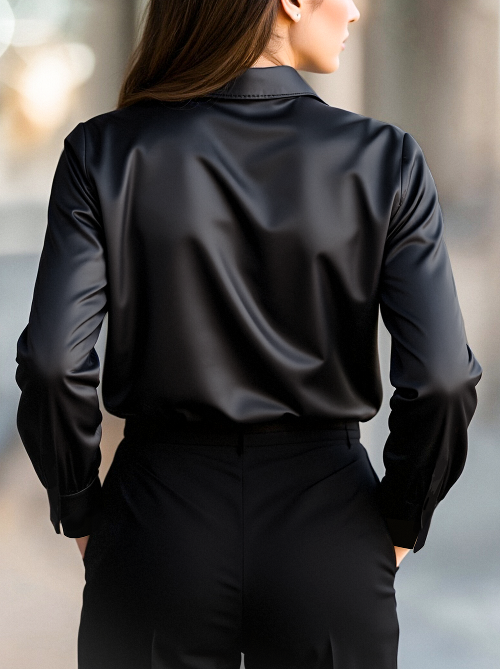 Women’s Satin Shirt with Lapel Collar and Long Sleeves