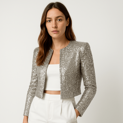 Women’s Sequin Evening Jacket with Open Cut and Silver Finish
