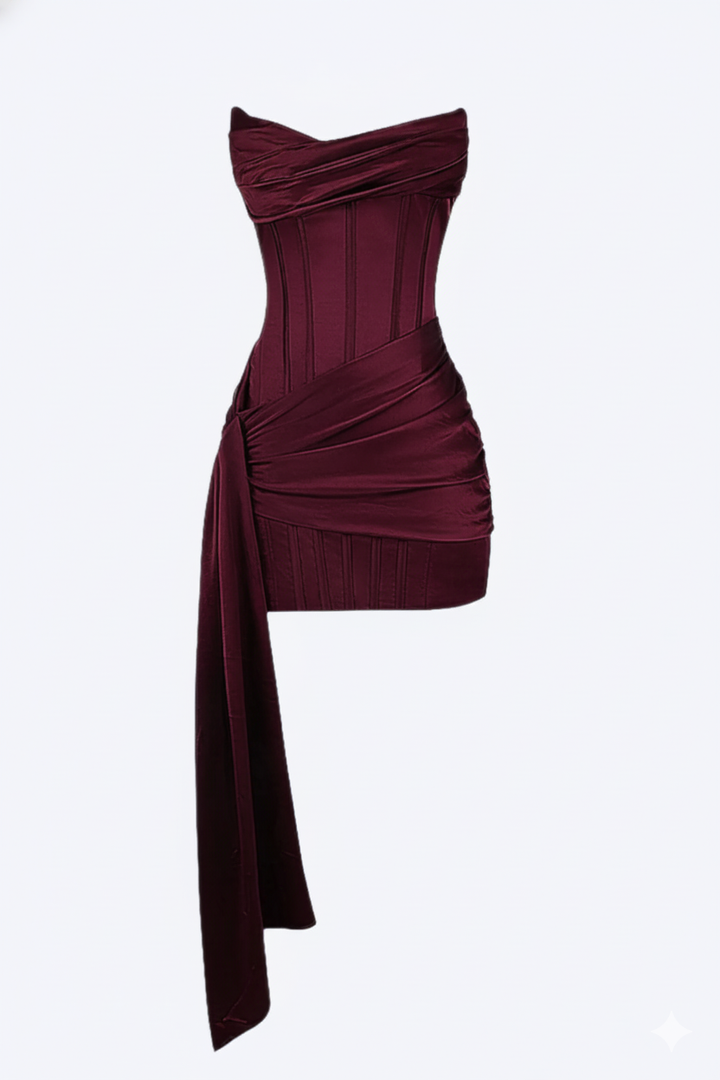 Women’s Short Evening Mini Dress with Corset Design and Asymmetrical Draping