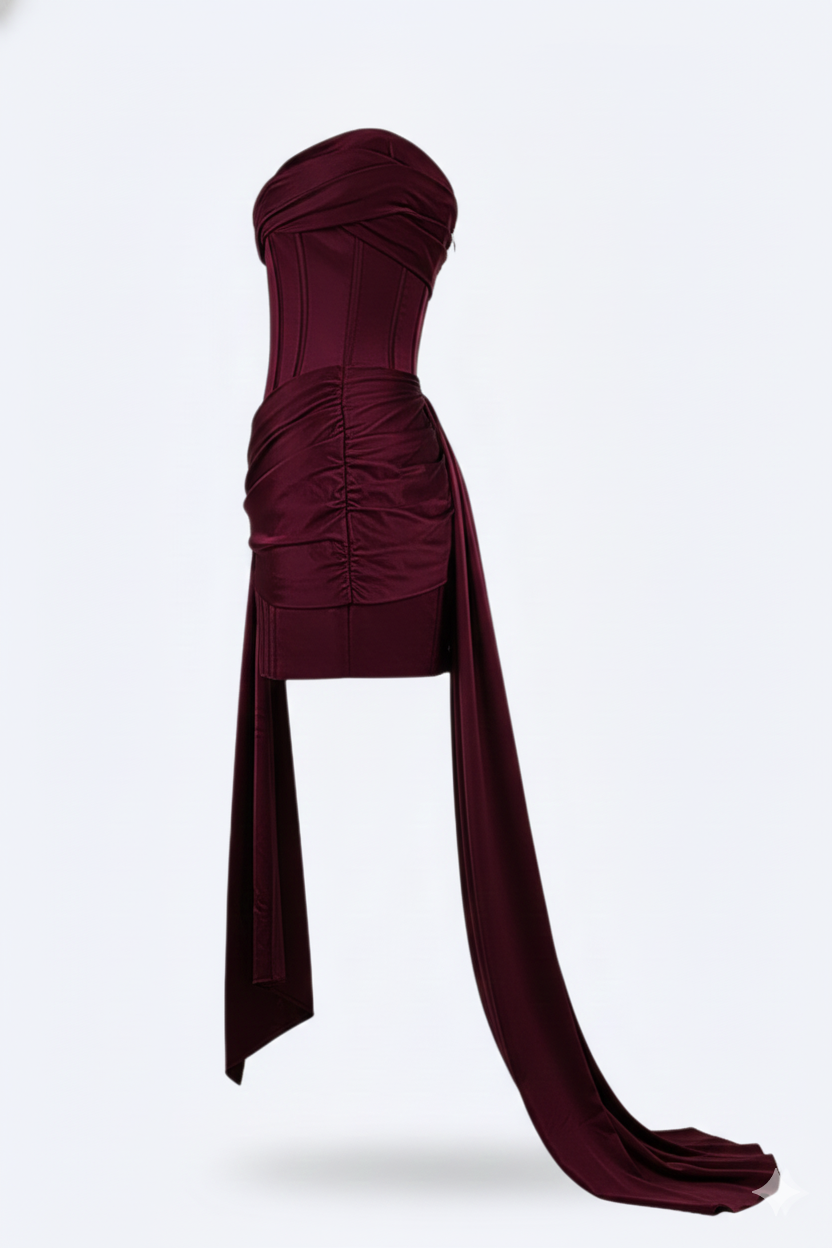 Women’s Short Evening Mini Dress with Corset Design and Asymmetrical Draping