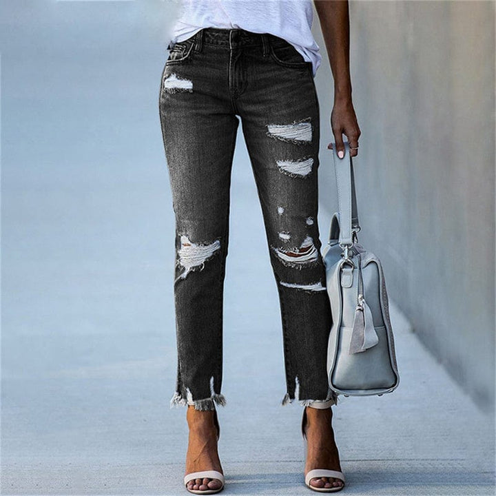 Womens Skinny Pants with Ripped Distressed Details and High Waist