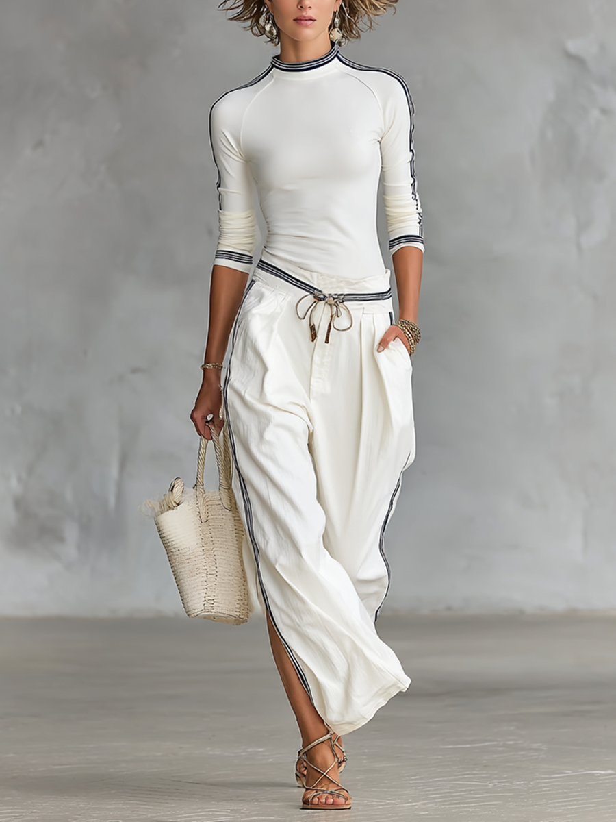 Womens Sports Two-Piece Set with Half-High Neck T-Shirt and Wide-Leg Pants