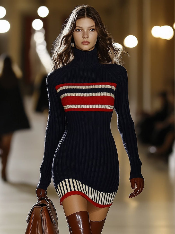 Women’s Striped Knit Dress with High Collar and Slim Fit