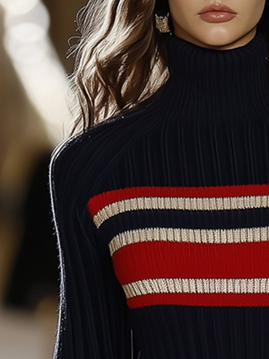 Women’s Striped Knit Dress with High Collar and Slim Fit