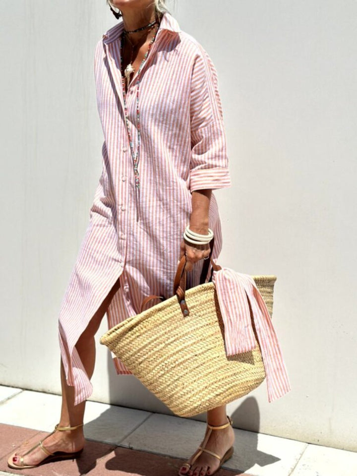 Women's Striped Shirt Dress with Button Placket and Shirt Collar
