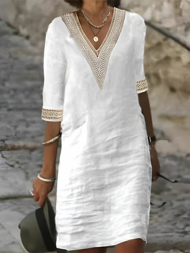 Women’s Summer Midi Dress with V-Neck and Crochet Details