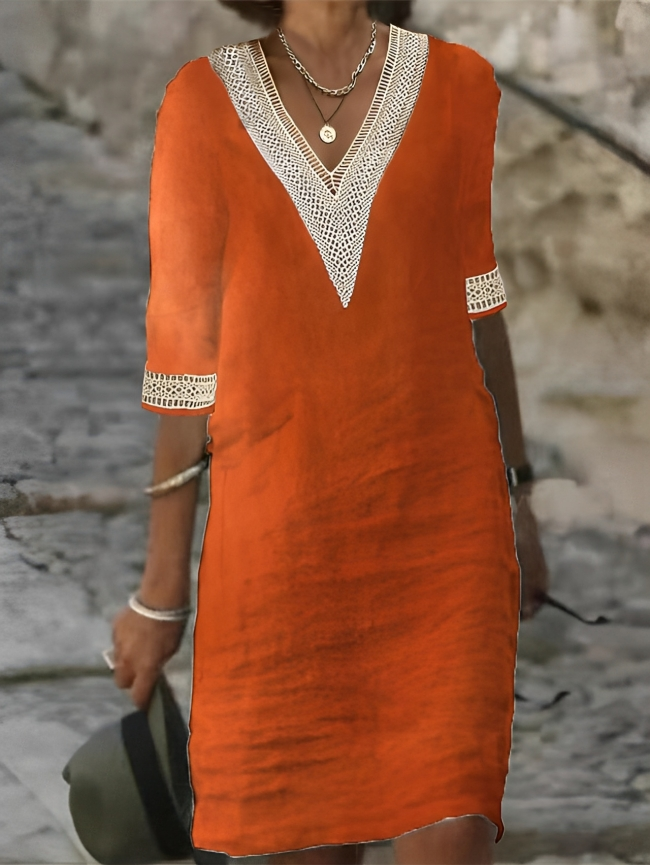 Women’s Summer Midi Dress with V-Neck and Crochet Details
