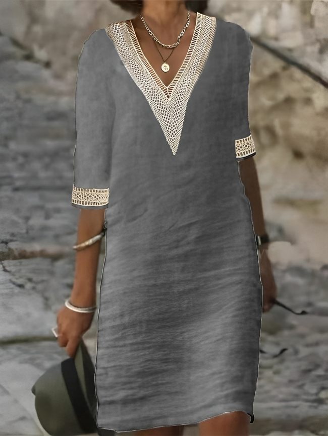 Women’s Summer Midi Dress with V-Neck and Crochet Details