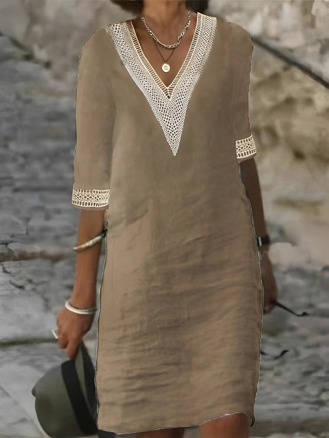 Women’s Summer Midi Dress with V-Neck and Crochet Details