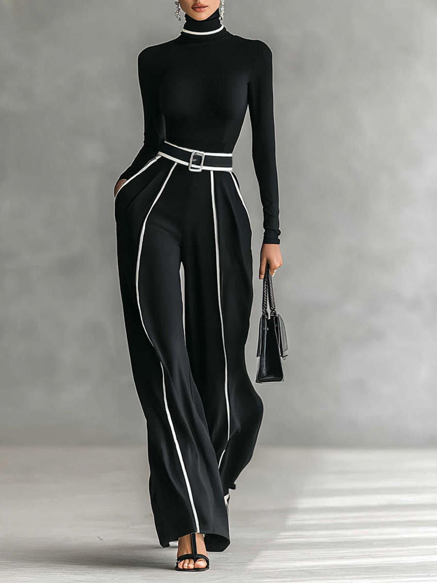 Womens Turtleneck Long Sleeve Top with Wide Leg Pants Set
