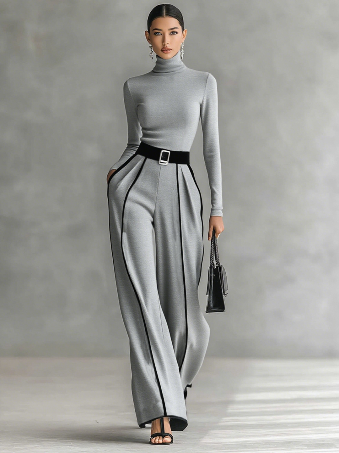 Womens Turtleneck Long Sleeve Top with Wide Leg Pants Set