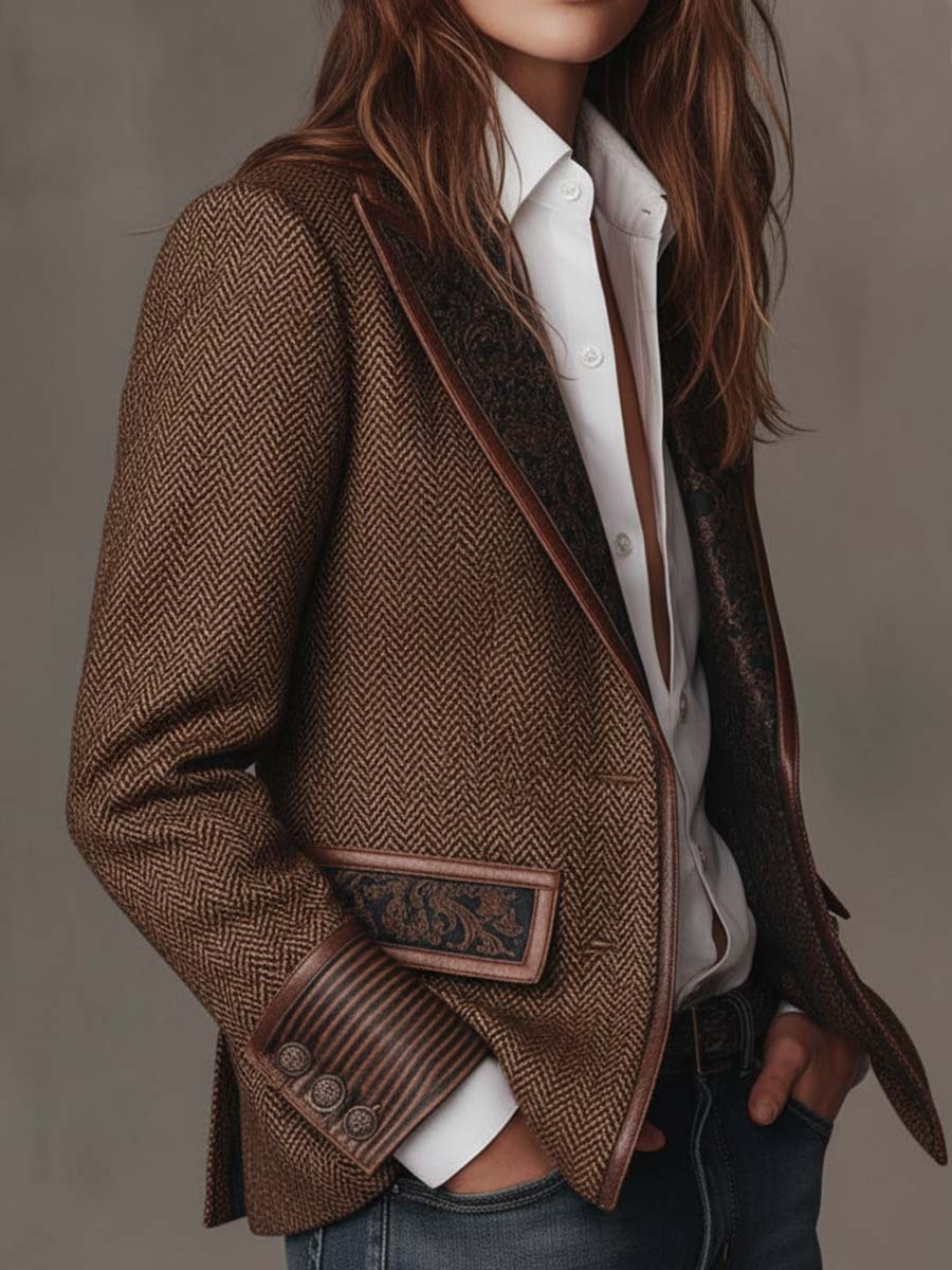 Women’s Tweed Blazer with Printed Panels and Trim