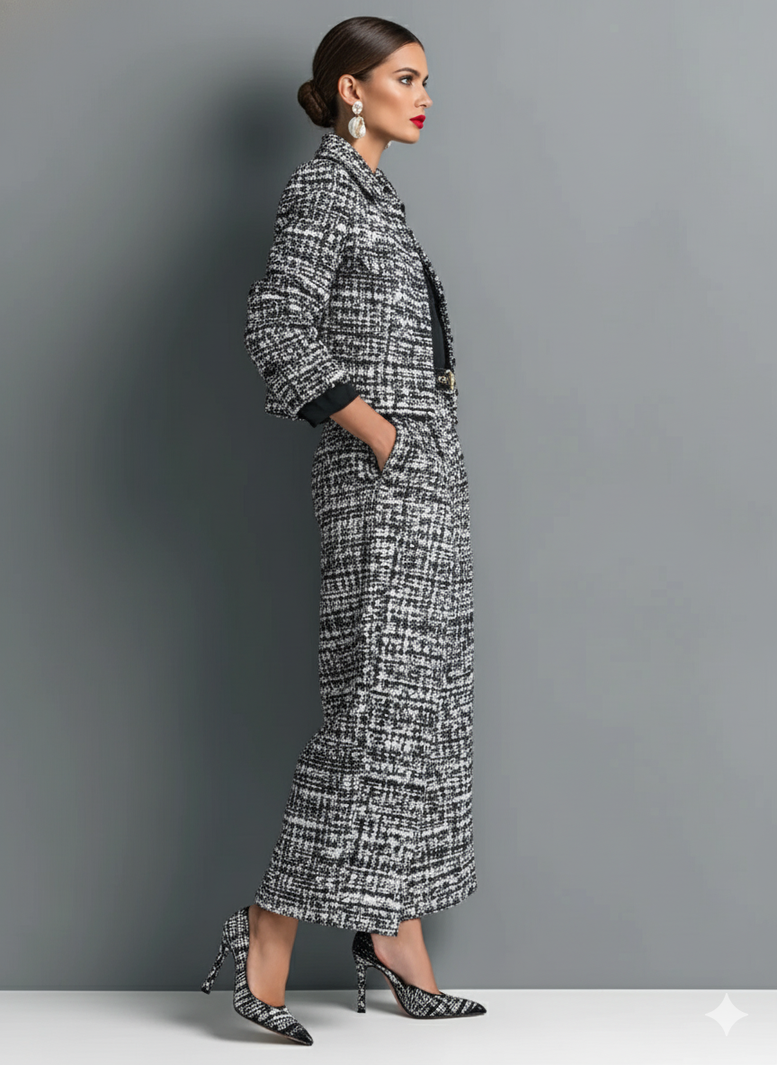 Women’s Tweed Blend Single-Breasted Cropped Jacket and Wide-Leg Pants Set