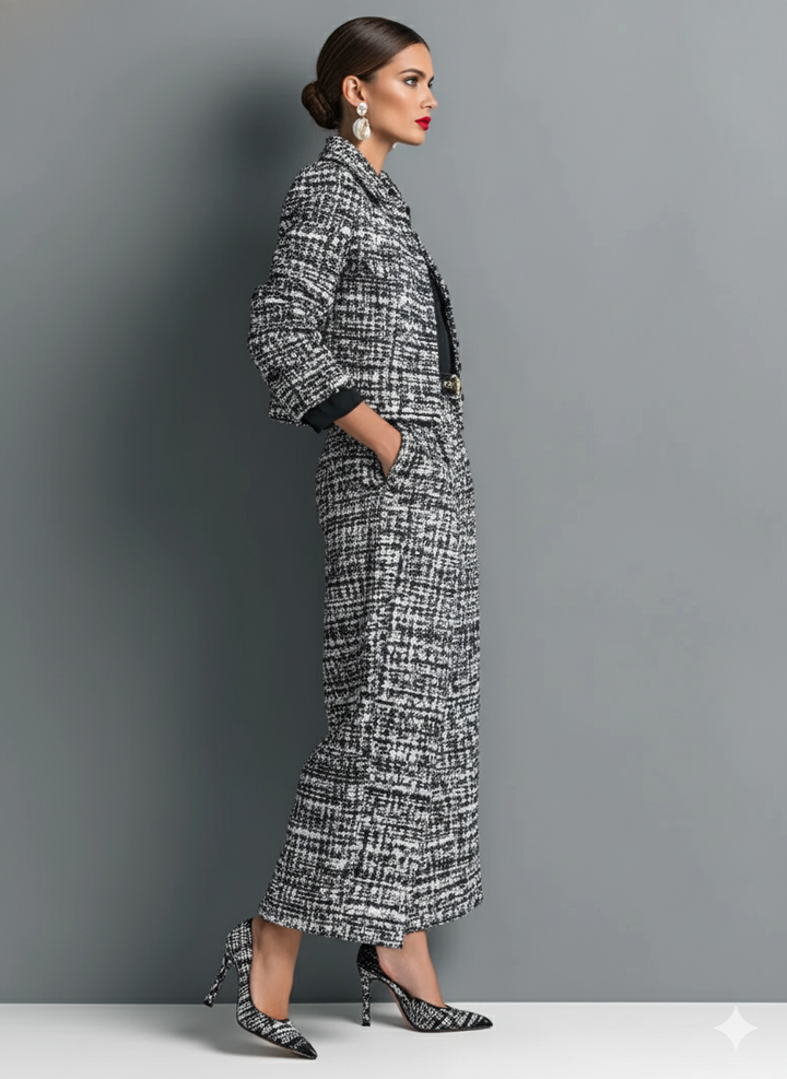 Women’s Tweed Blend Single-Breasted Cropped Jacket and Wide-Leg Pants Set