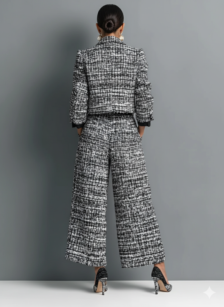 Women’s Tweed Blend Single-Breasted Cropped Jacket and Wide-Leg Pants Set