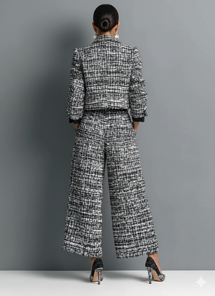 Women’s Tweed Blend Single-Breasted Cropped Jacket and Wide-Leg Pants Set