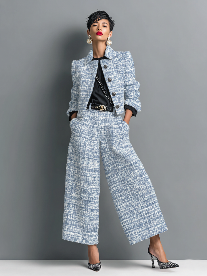Women’s Tweed Blend Single-Breasted Cropped Jacket and Wide-Leg Pants Set