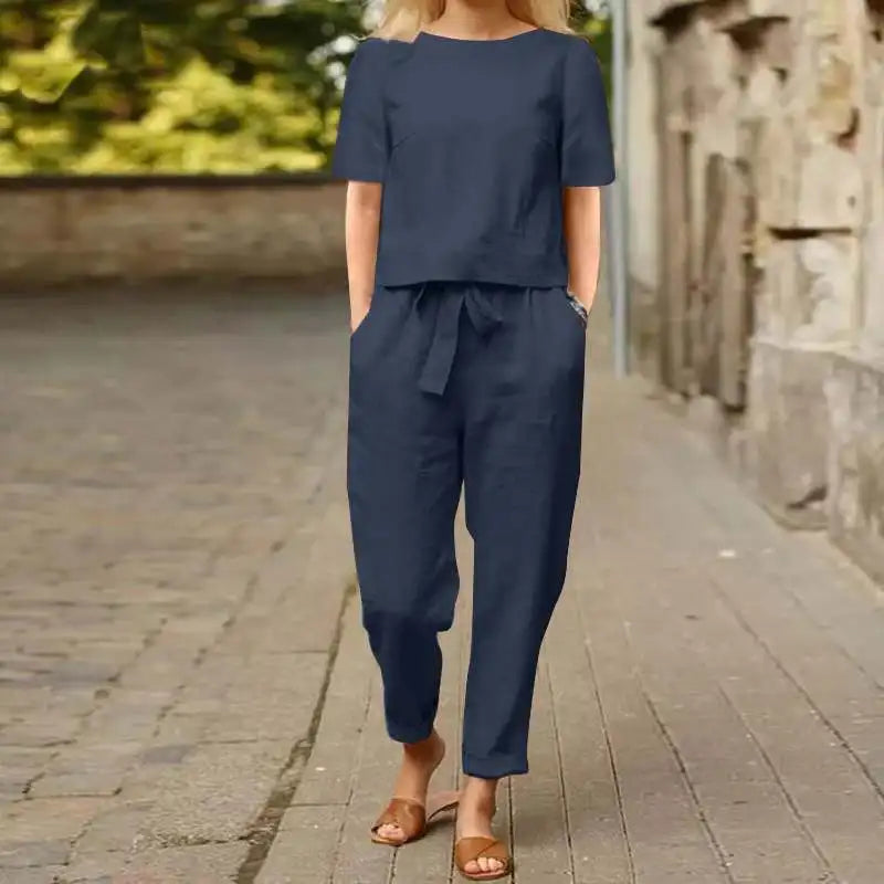 Women's Two-Piece Set with Crew Neck Top and Relaxed Pants