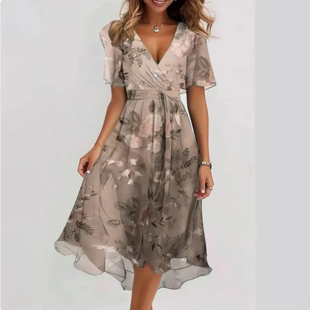 Women’s V-Neck Midi Summer Dress with Short Sleeves